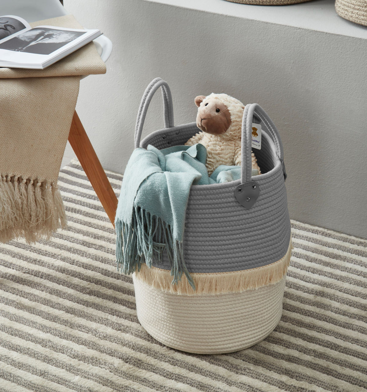 Large Decorative Basket | Baby Laundry Hamper | Woven Basket w/Handles