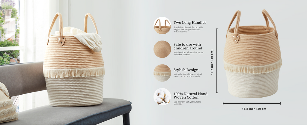 Large Decorative Basket | Baby Laundry Hamper | Woven Basket w/Handles
