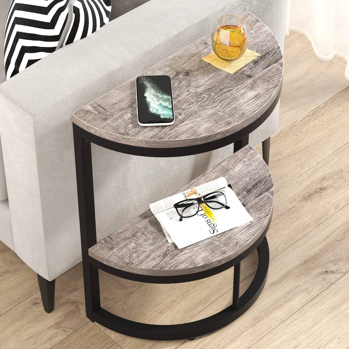 Half Round End Table with Metal Frame