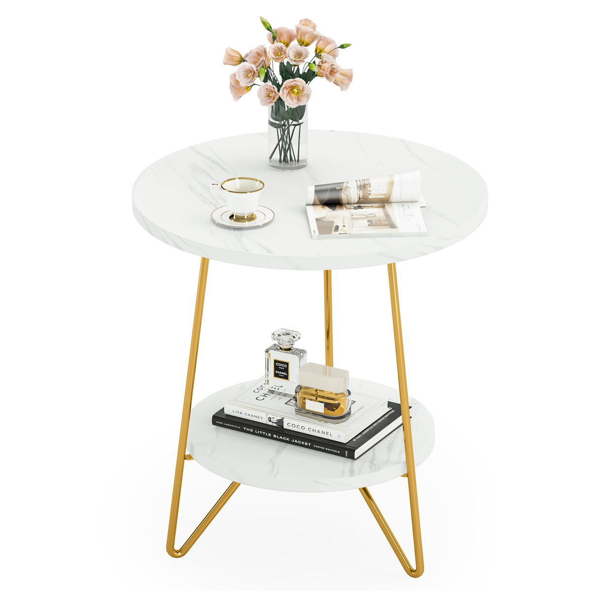 Faux Marble End Table, 2-Tier Round Sofa Table