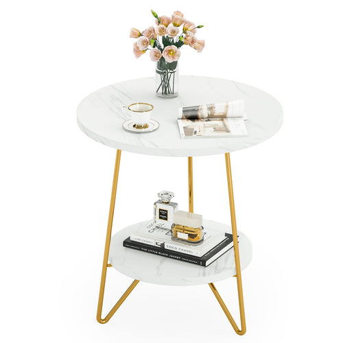 Faux Marble End Table, 2-Tier Round Sofa Table