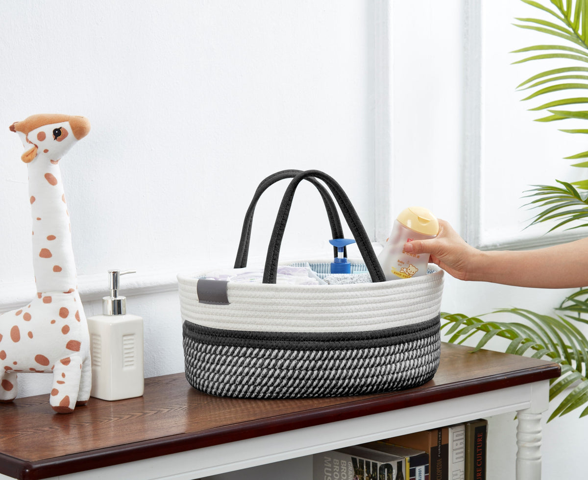 Cotton Diaper Caddy Organizer W/Removable Divider | Cotton Rope Diaper Storage Basket