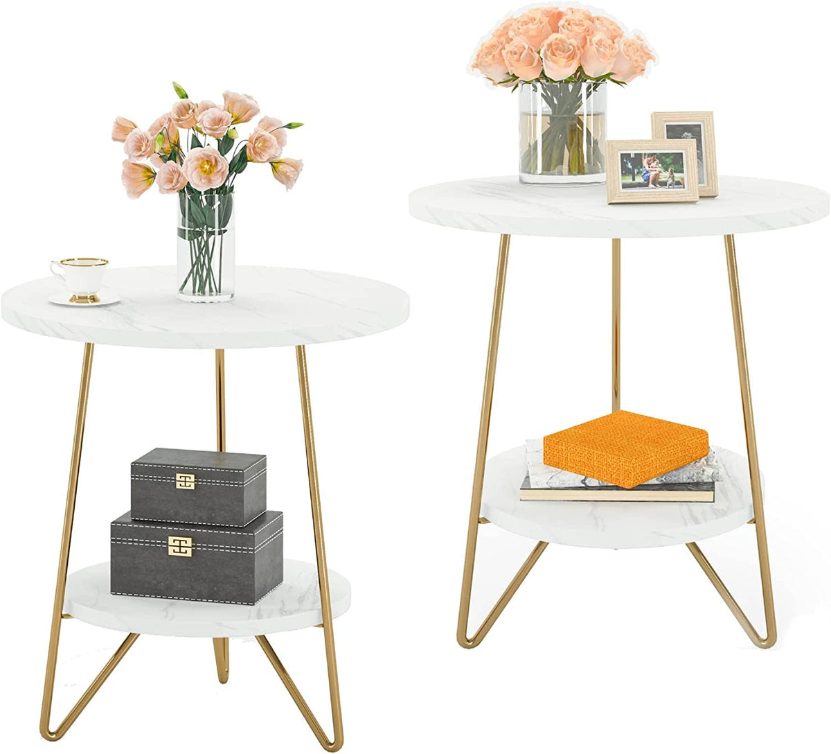 Faux Marble End Table, 2-Tier Round Sofa Table