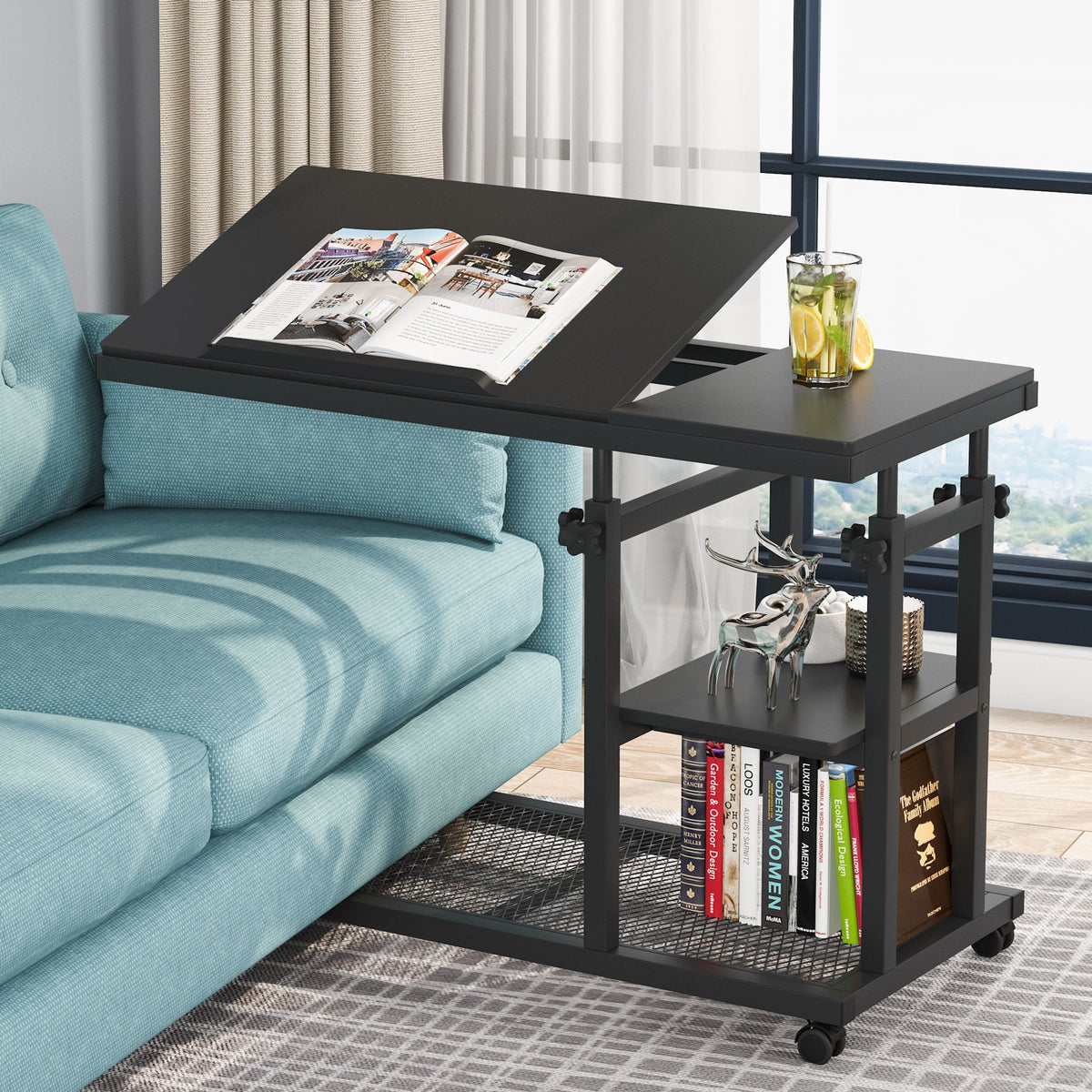Height Adjustable C Side Table with Rolling Wheels