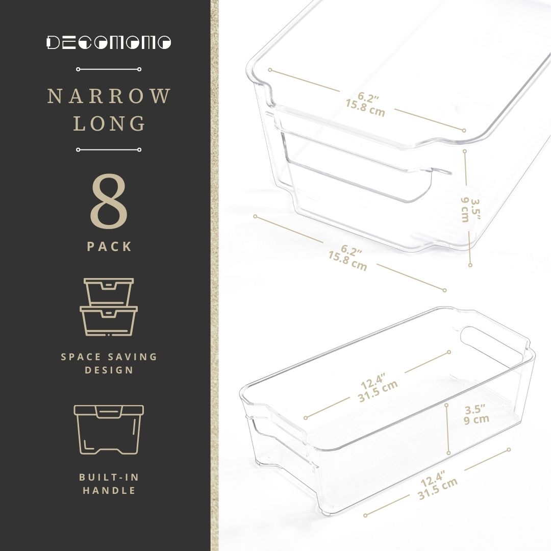 12.4" Clear Fridge Organizer Storage Bins (8 Pack) - Transparent Kitchen Storage Basket