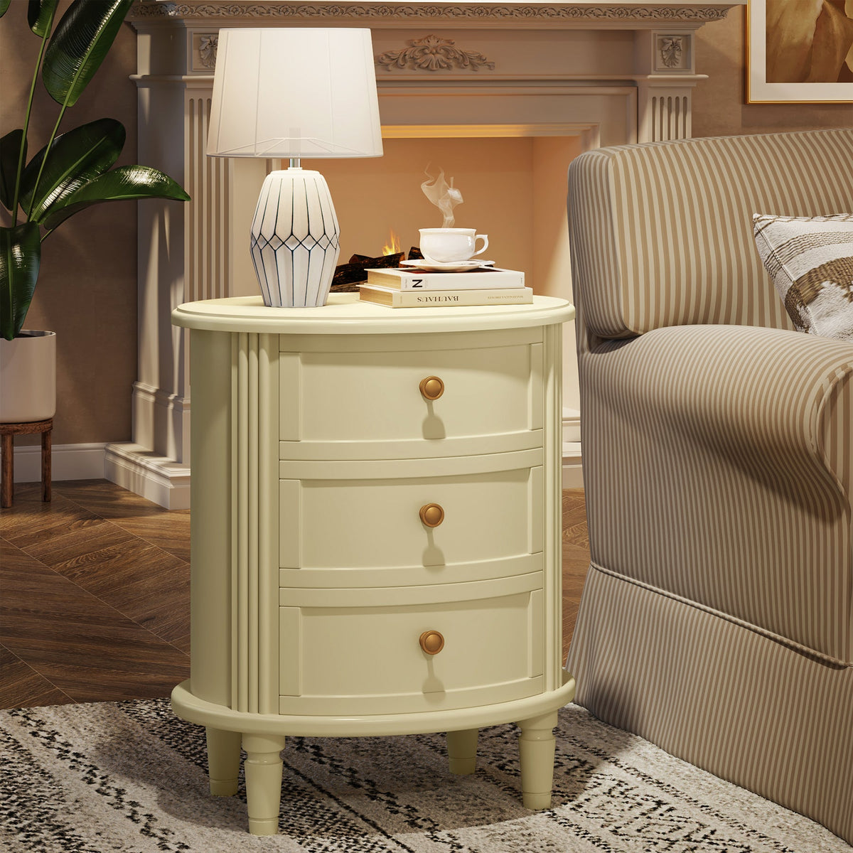 3 Drawers Nightstand with Solid Wood Legs