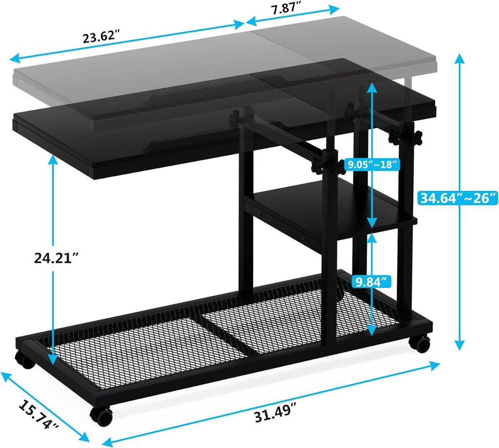 Height Adjustable C Side Table with Rolling Wheels