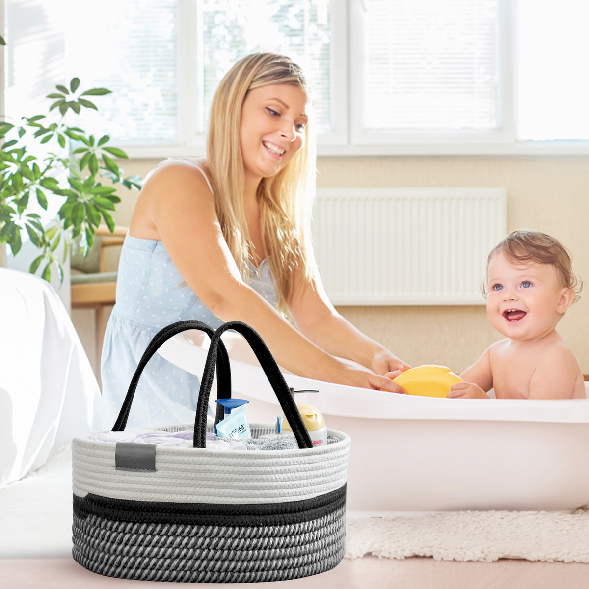 Cotton Diaper Caddy Organizer W/Removable Divider | Cotton Rope Diaper Storage Basket
