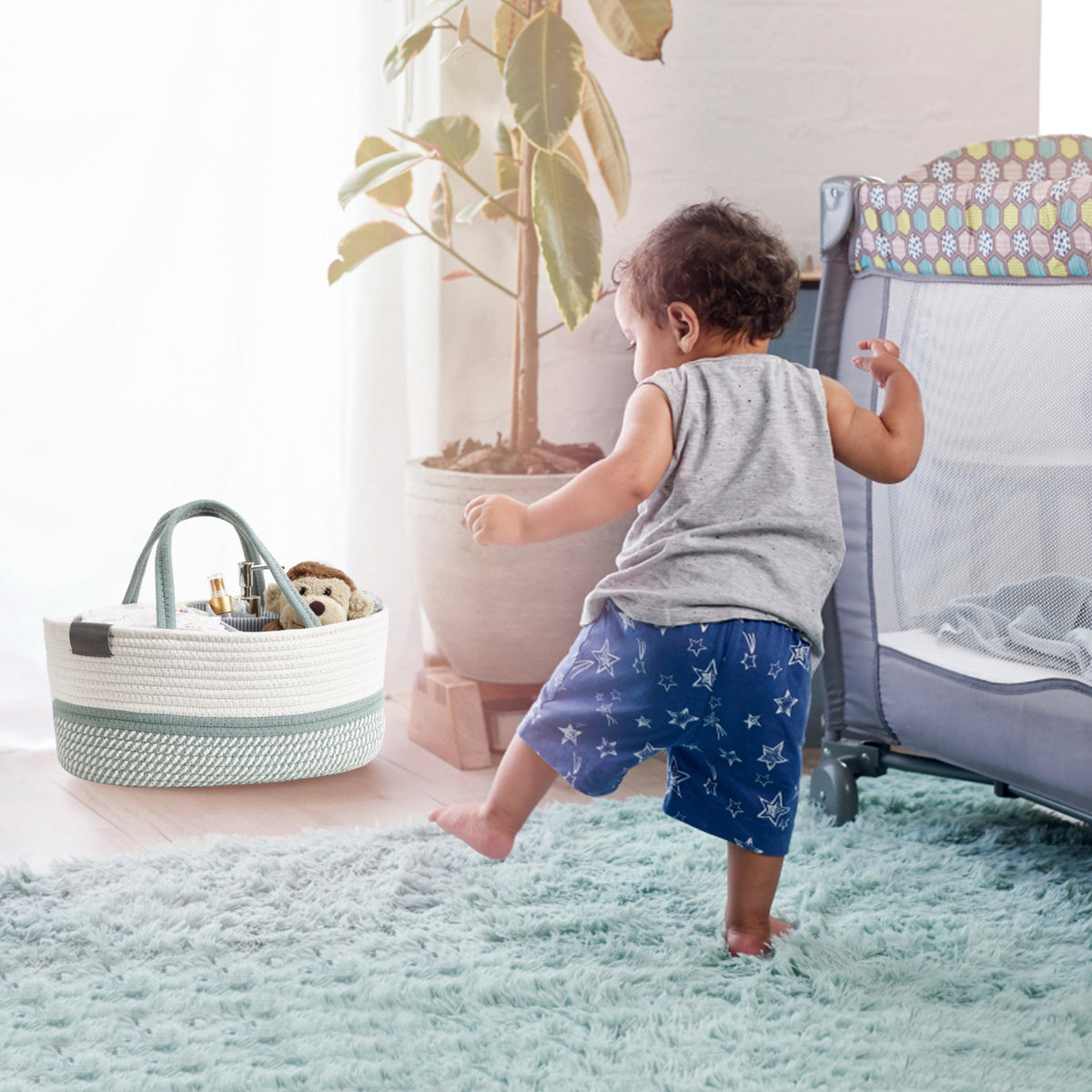 Cotton Diaper Caddy Organizer W/Removable Divider | Cotton Rope Diaper Storage Basket
