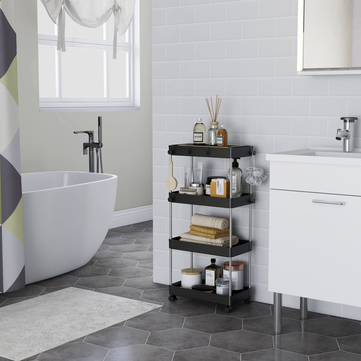 4-Tier Rolling Cart With 360 Rotation Wheels | Multi-Purpose Storage Trolley With Hooks