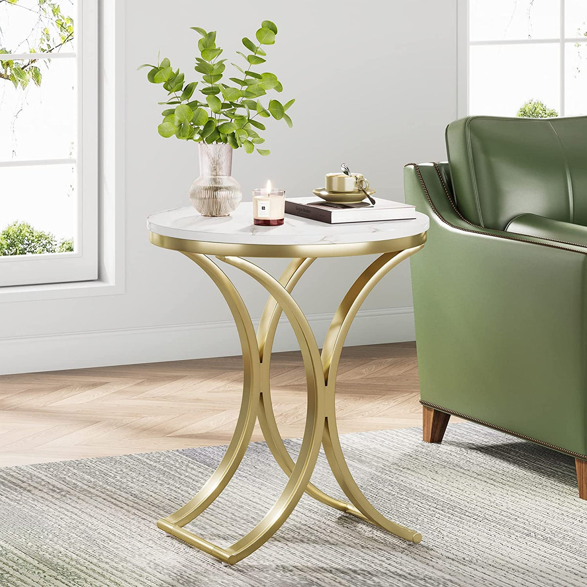 Round End Table with Faux Marble Veneer