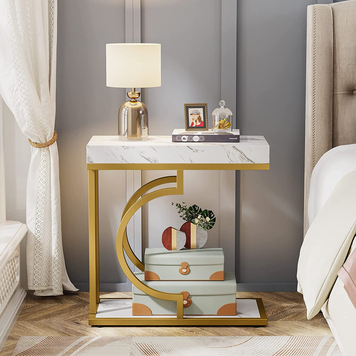 Modern C-Shaped  End Table with Metal Frame