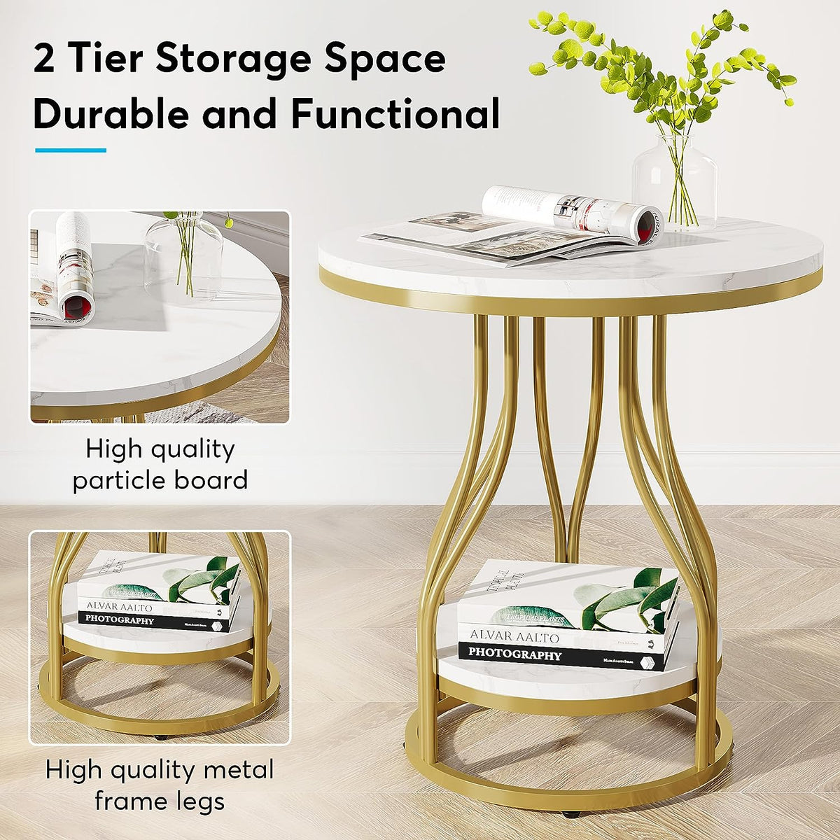 2-Tier Round End Table with Metal Frame