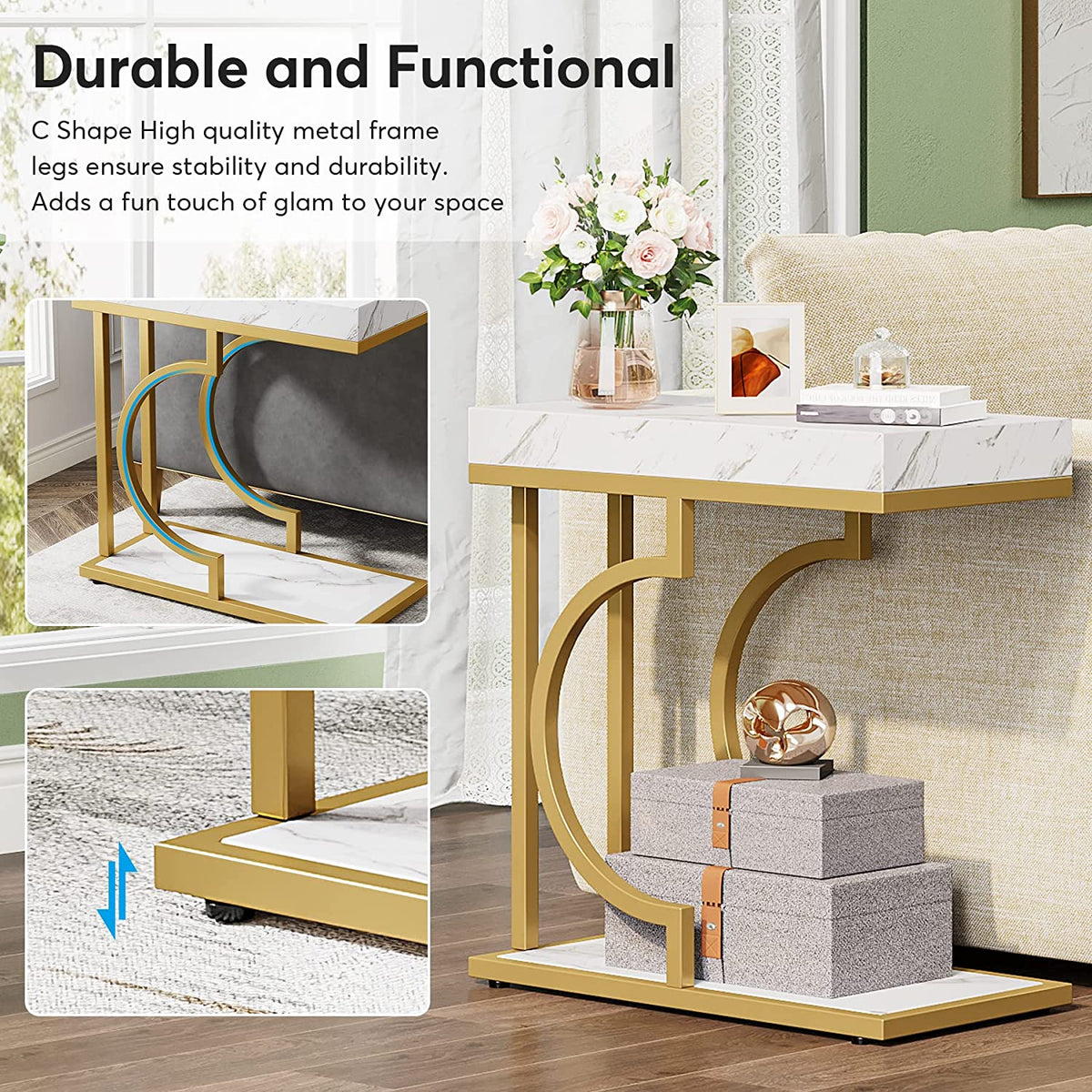 Modern C-Shaped  End Table with Metal Frame