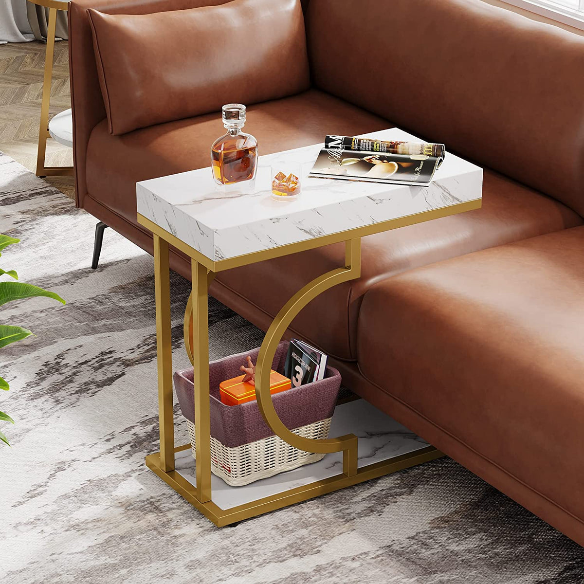 Modern C-Shaped  End Table with Metal Frame