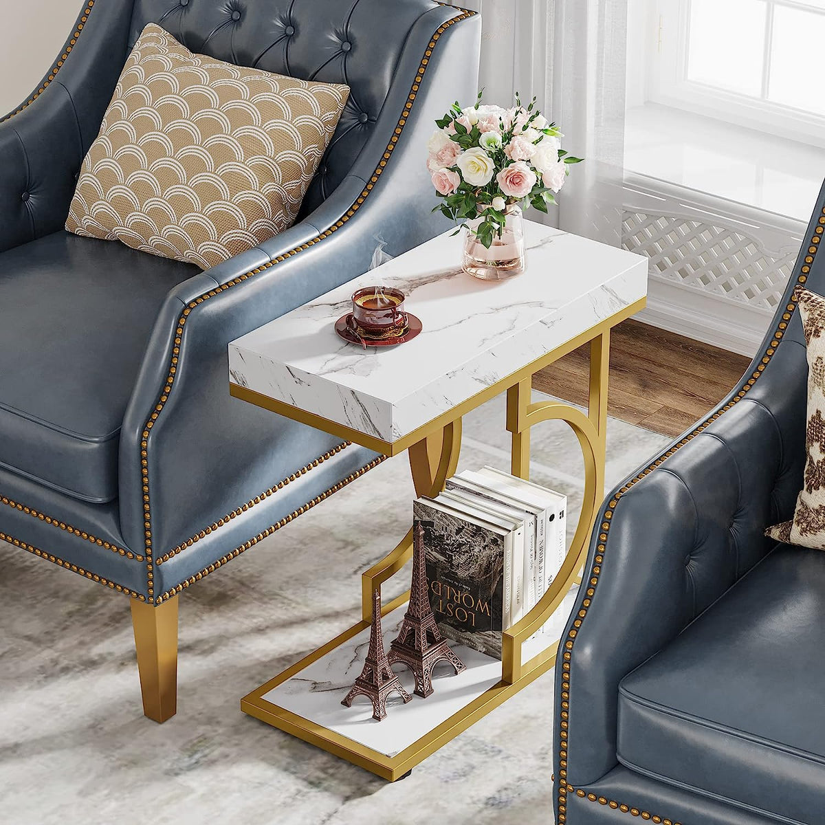 Modern C-Shaped  End Table with Metal Frame