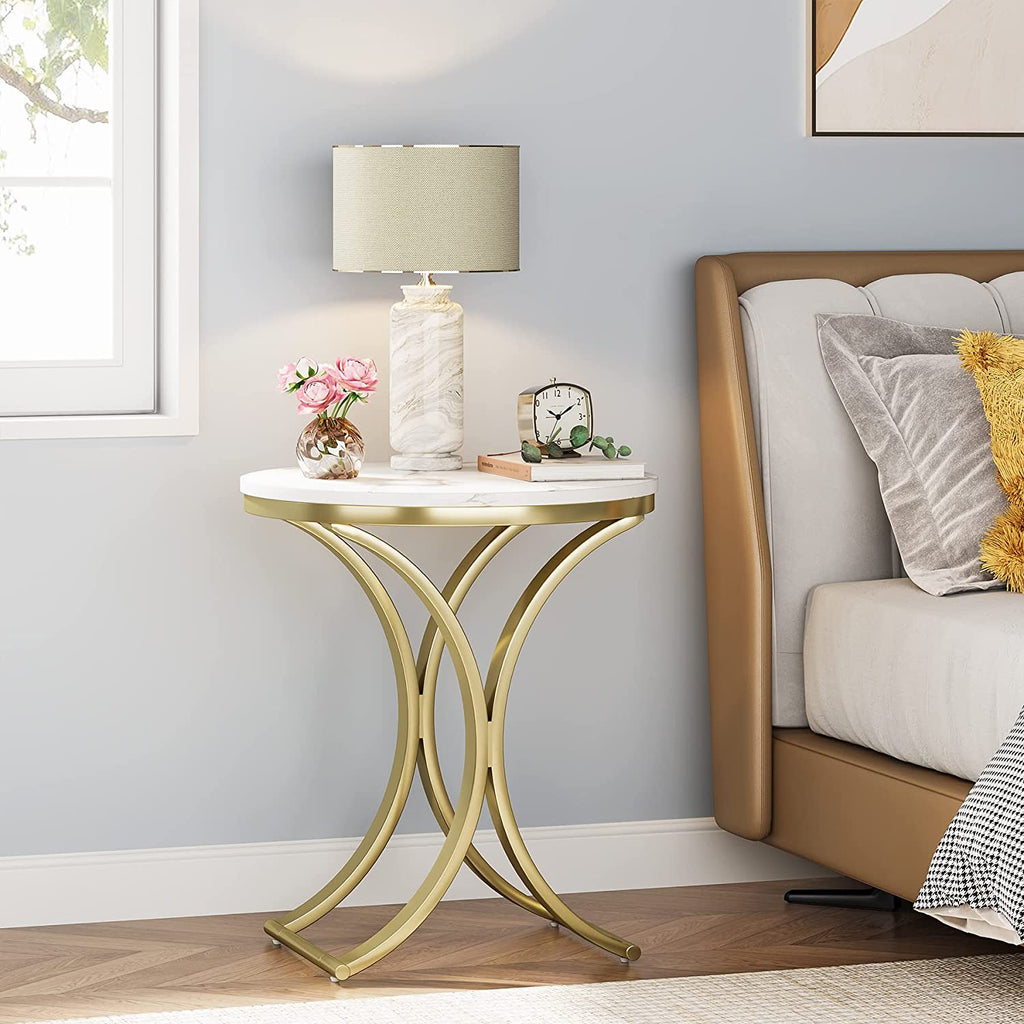 Round End Table with Faux Marble Veneer