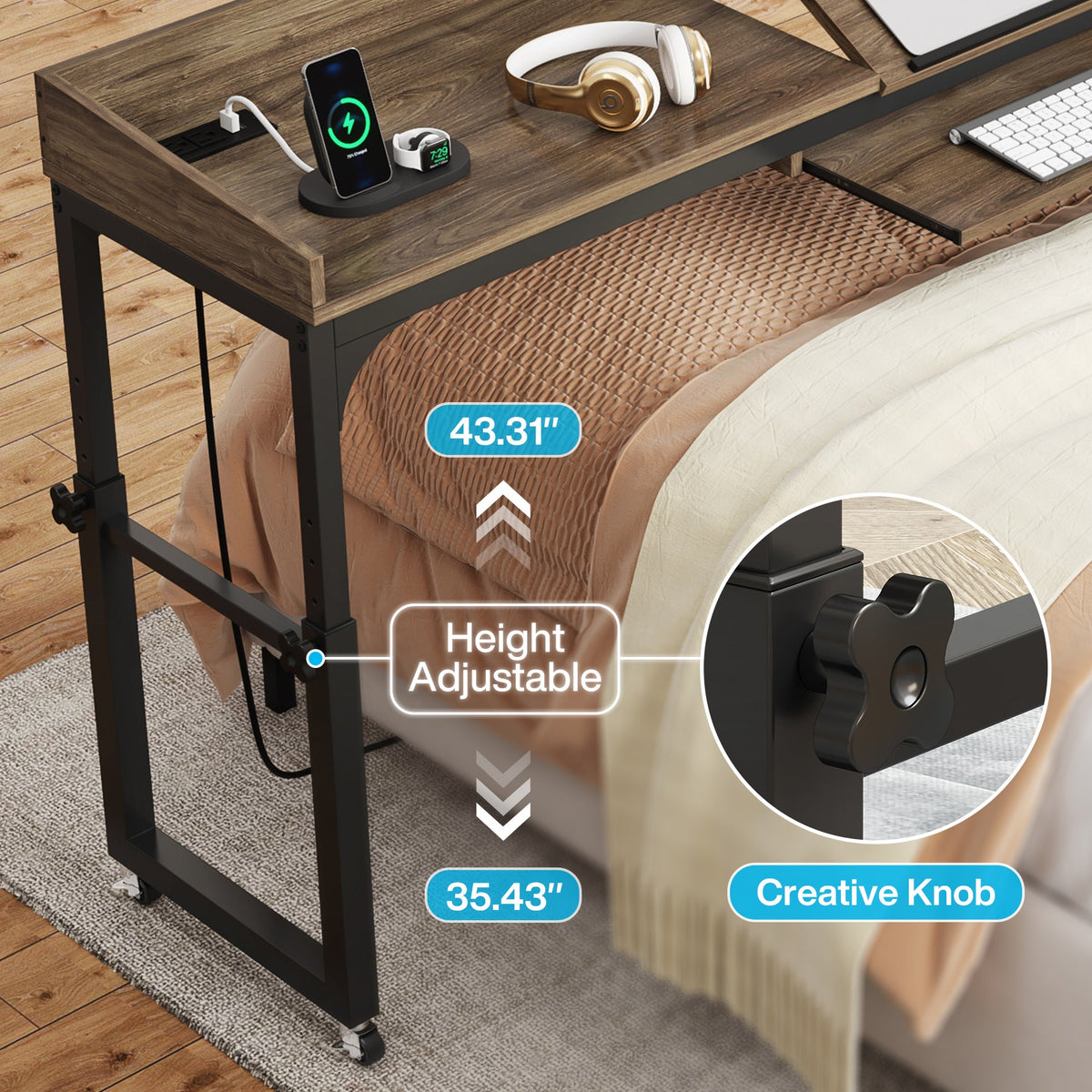 Adjustable Overbed Table with Wheels