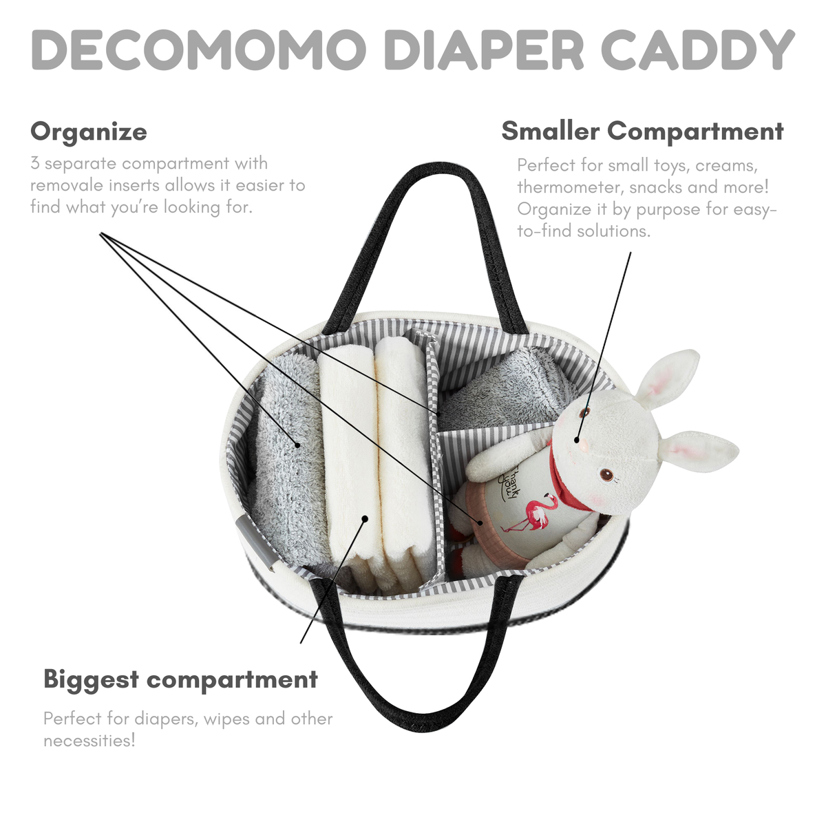 Cotton Diaper Caddy Organizer W/Removable Divider | Cotton Rope Diaper Storage Basket