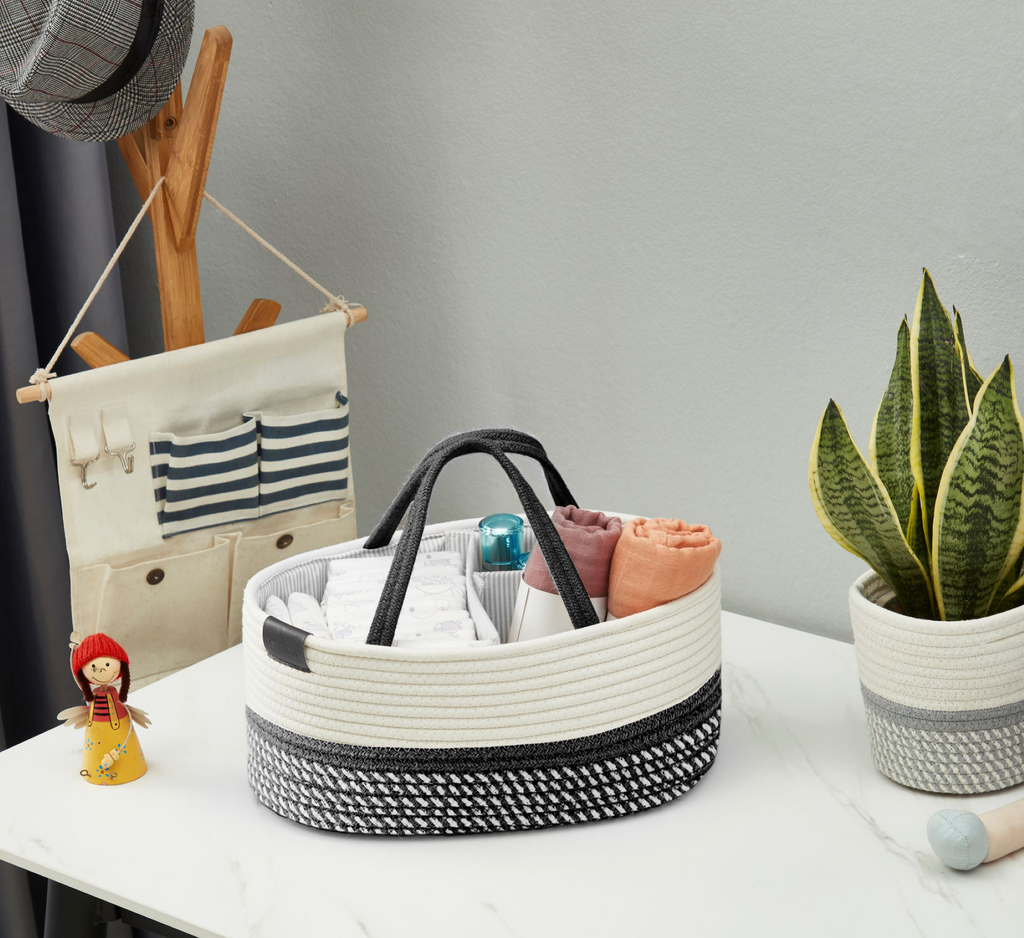 Cotton Diaper Caddy Organizer W/Removable Divider | Cotton Rope Diaper Storage Basket