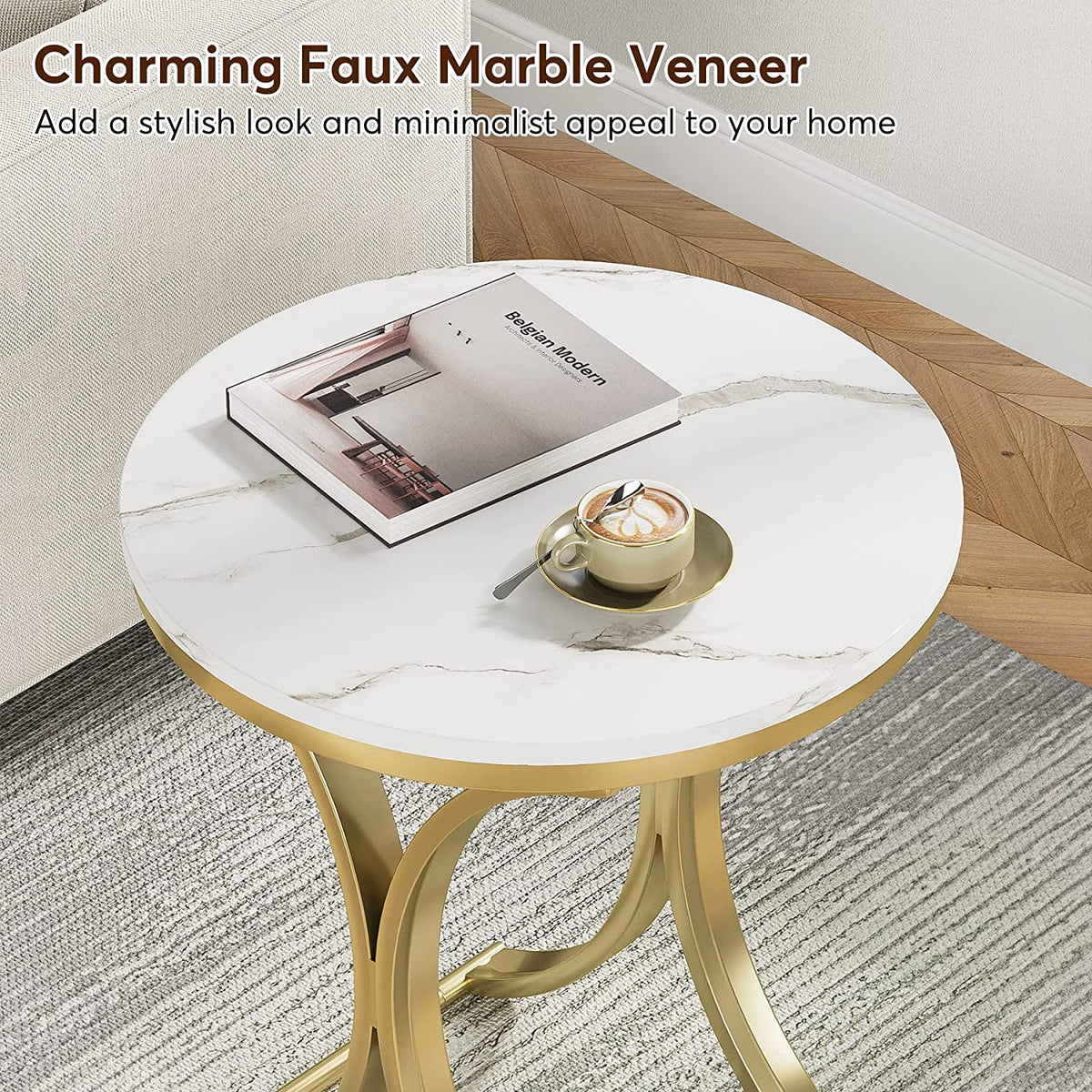 Round End Table with Faux Marble Veneer