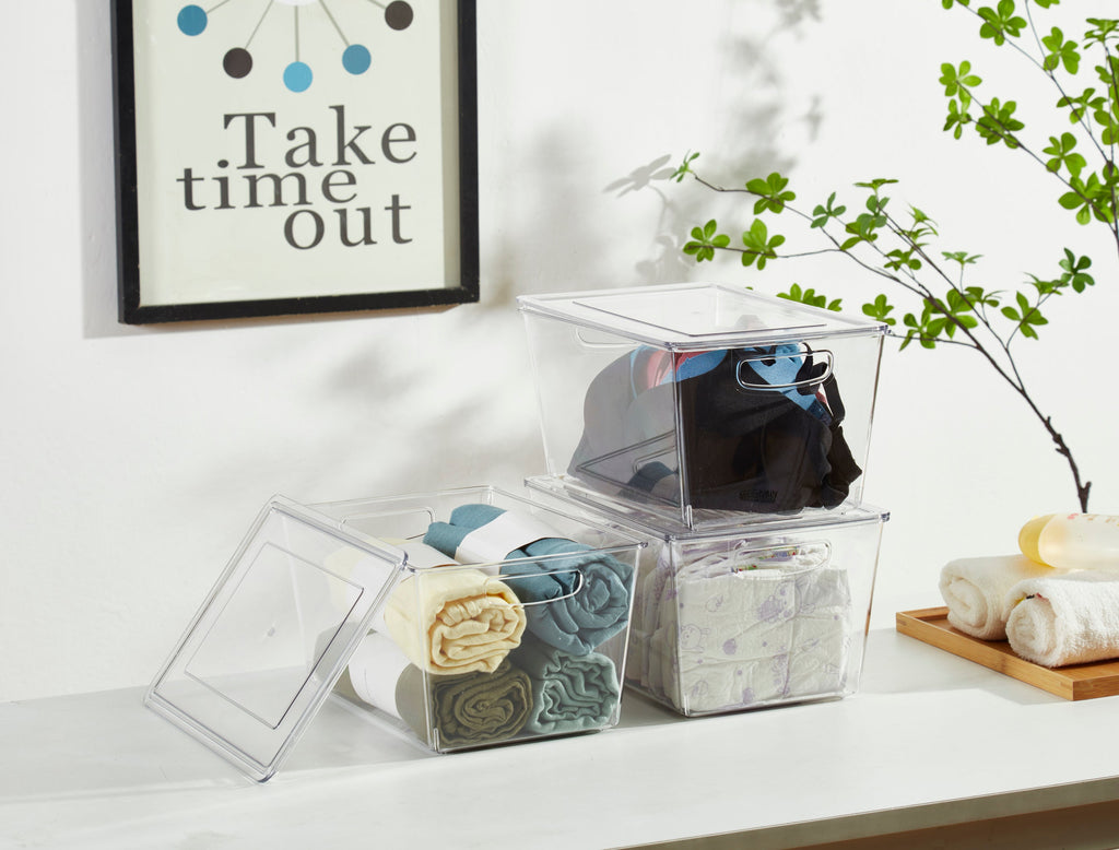 11.4" Clear Storage Bin with Lid - Transparent Fridge Organizers for Kitchen & Pantry