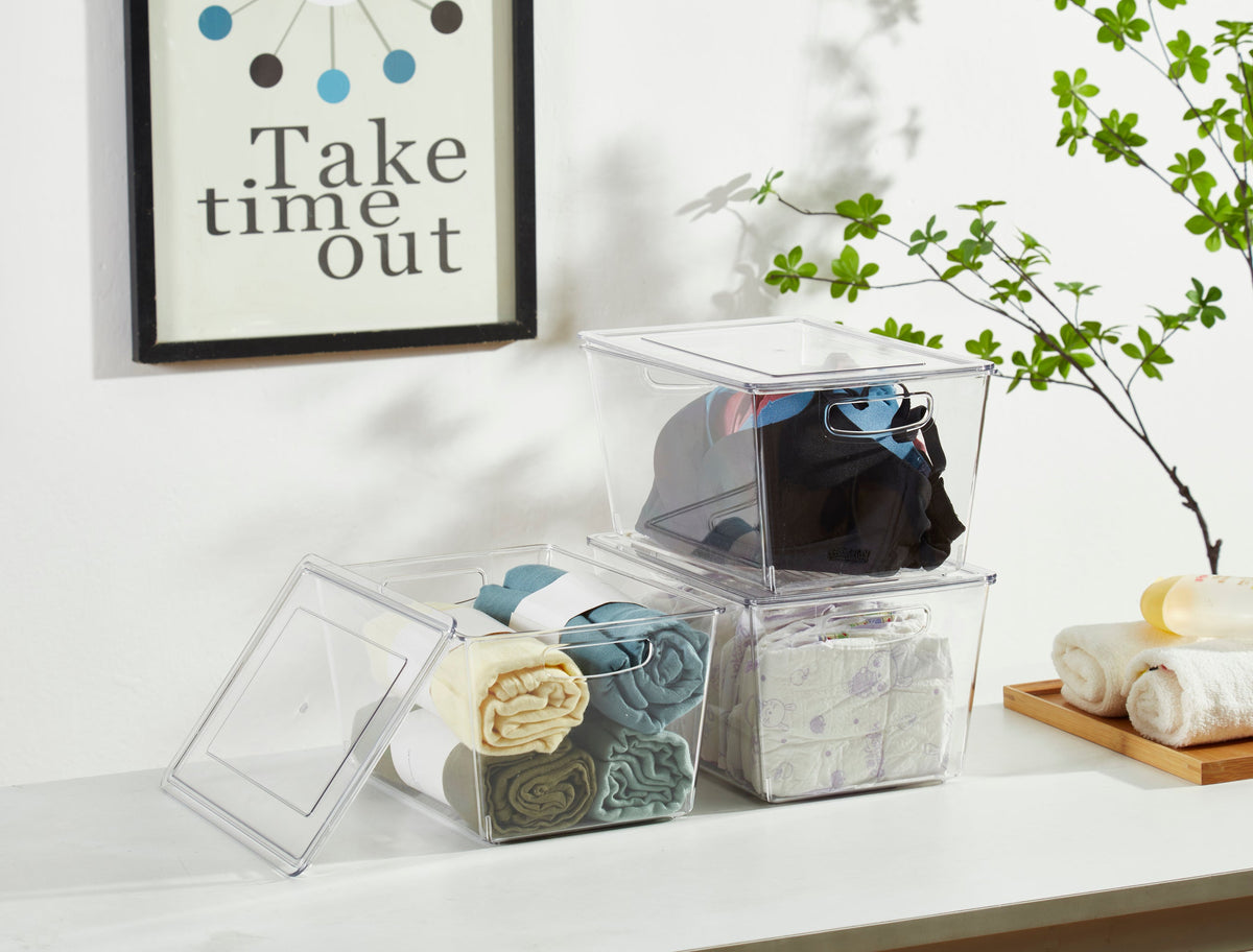 11.4" Clear Storage Bin with Lid - Transparent Fridge Organizers for Kitchen & Pantry