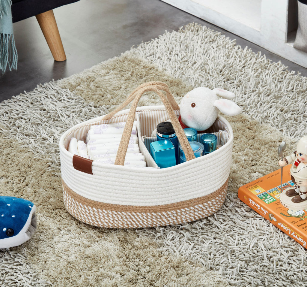 Cotton Diaper Caddy Organizer W/Removable Divider | Cotton Rope Diaper Storage Basket