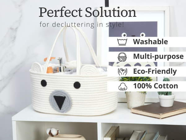 Cotton Diaper Caddy Organizer W/Removable Divider | Cotton Rope Diaper Storage Basket