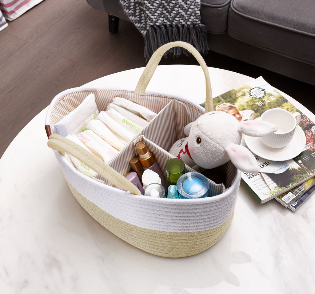 Cotton Diaper Caddy Organizer W/Removable Divider | Cotton Rope Diaper Storage Basket