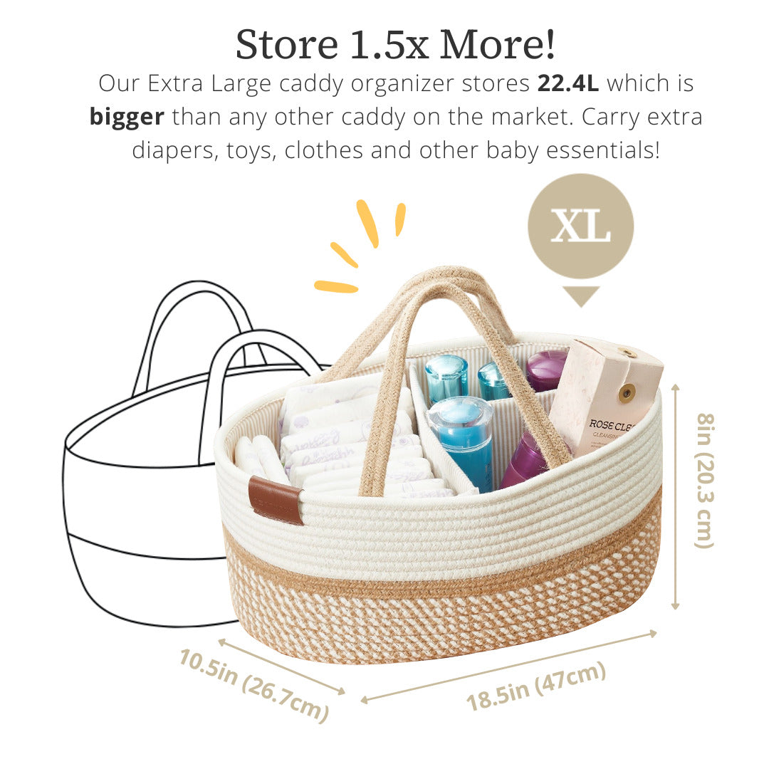 Cotton Diaper Caddy Organizer W/Removable Divider | Cotton Rope Diaper Storage Basket