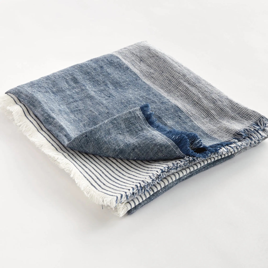 Leon European Linen Throw – Navy & Ivory Woven Indoor Blanket