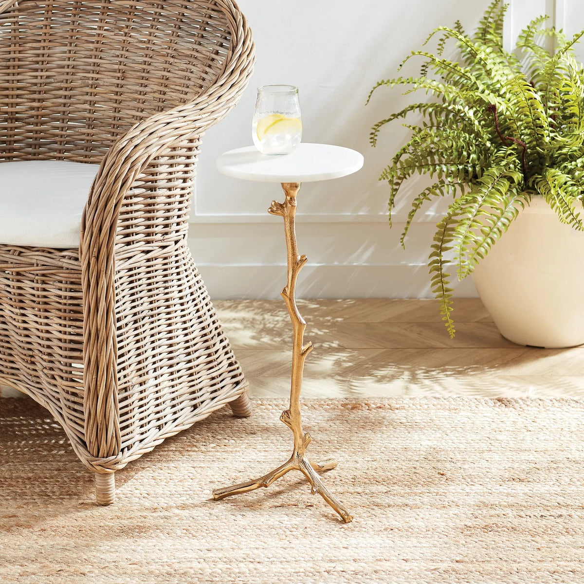 Varina Accent Table – White Marble & Gold Vine-Inspired