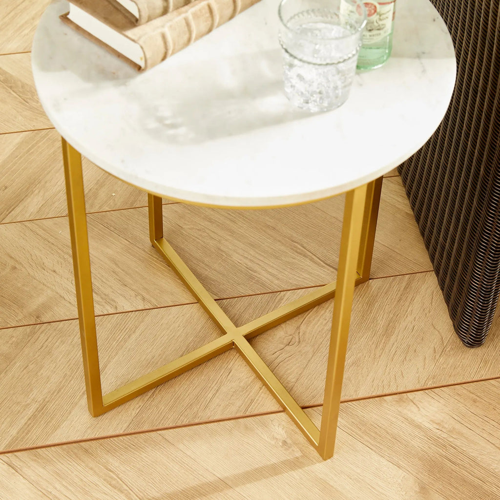 Aveline Side Table – White Marble & Brass