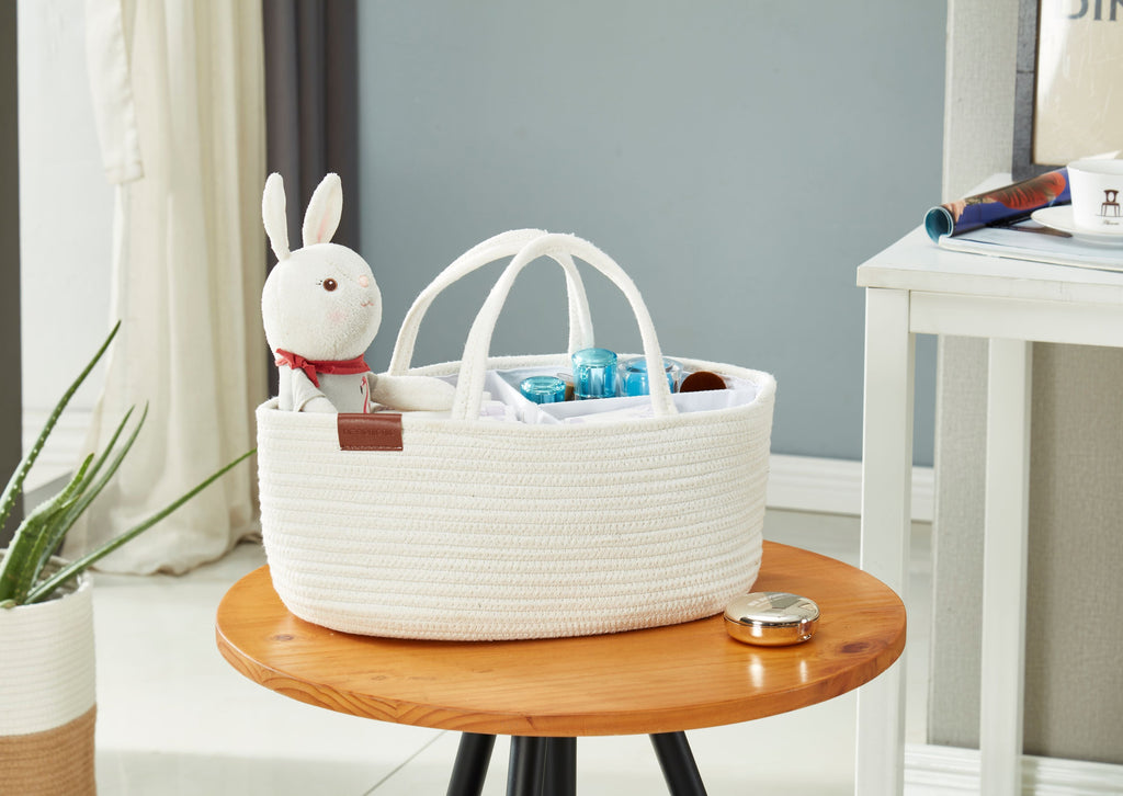 Cotton Diaper Caddy Organizer W/Removable Divider | Cotton Rope Diaper Storage Basket
