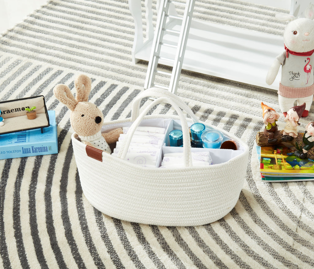 Cotton Diaper Caddy Organizer W/Removable Divider | Cotton Rope Diaper Storage Basket