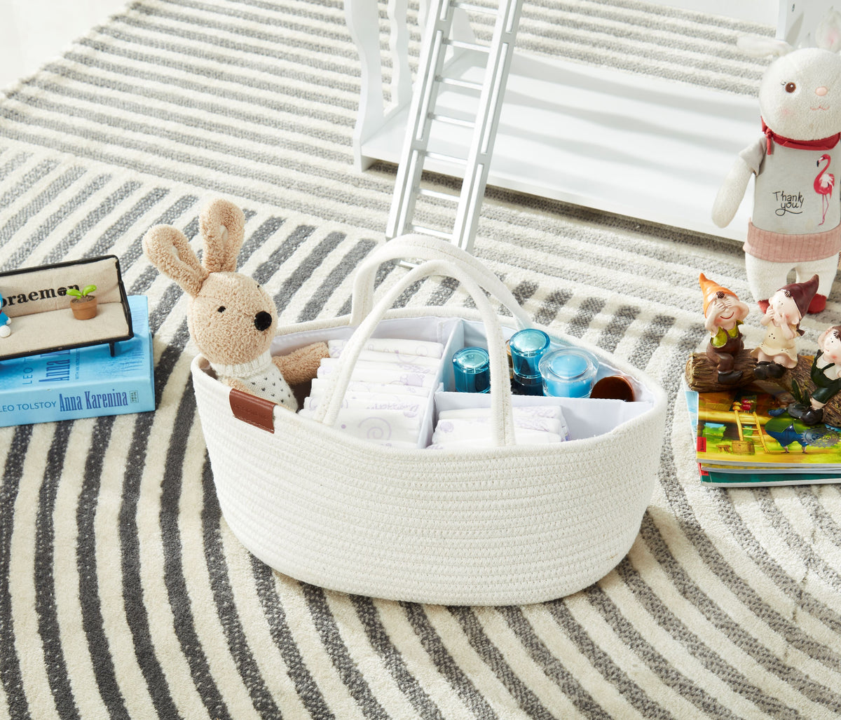 Cotton Diaper Caddy Organizer W/Removable Divider | Cotton Rope Diaper Storage Basket