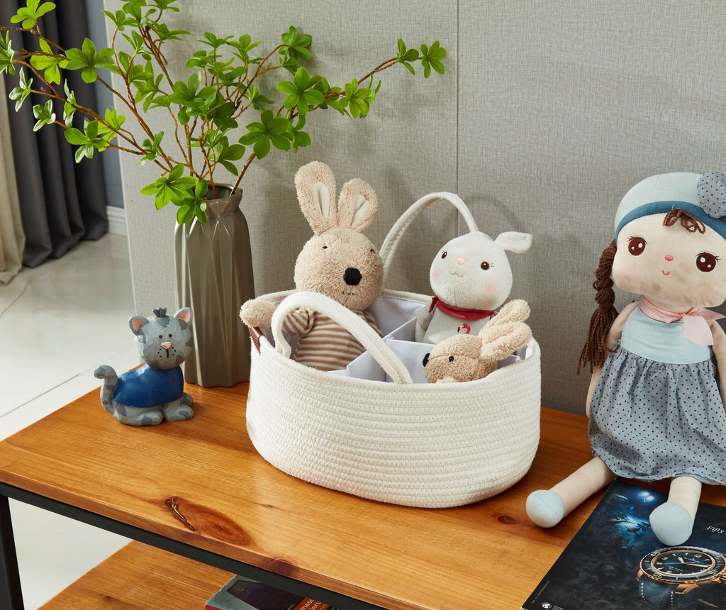 Cotton Diaper Caddy Organizer W/Removable Divider | Cotton Rope Diaper Storage Basket