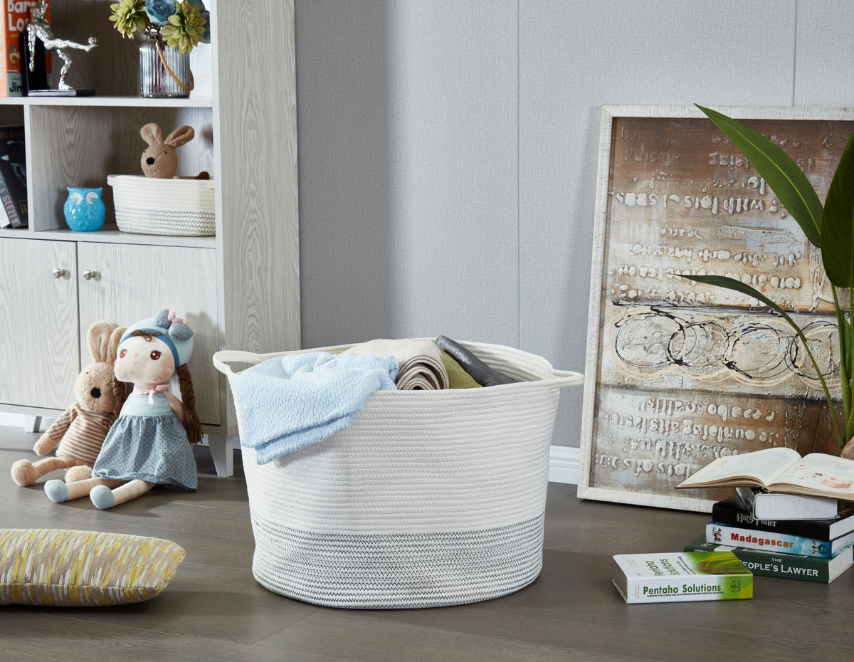 Large Cotton Woven Rope Baskets (2pcs) w/Handles - Cotton Storage Bins