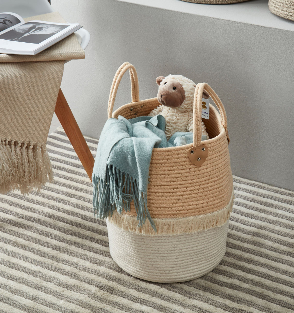 Large Decorative Basket | Baby Laundry Hamper | Woven Basket w/Handles