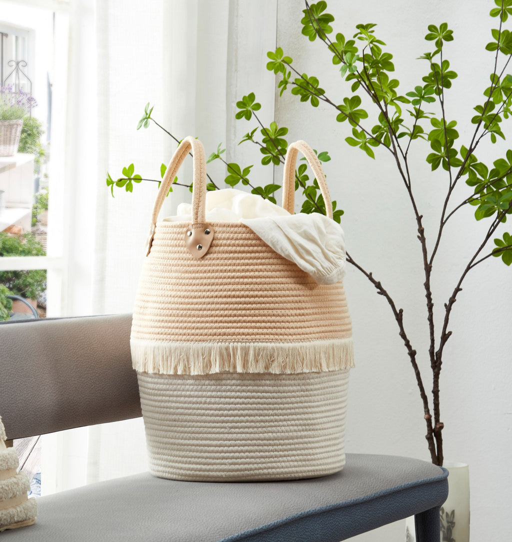 Large Decorative Basket | Baby Laundry Hamper | Woven Basket w/Handles