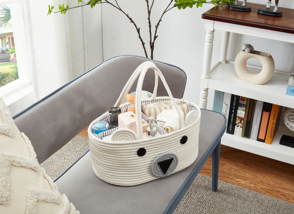 Cotton Diaper Caddy Organizer W/Removable Divider | Cotton Rope Diaper Storage Basket