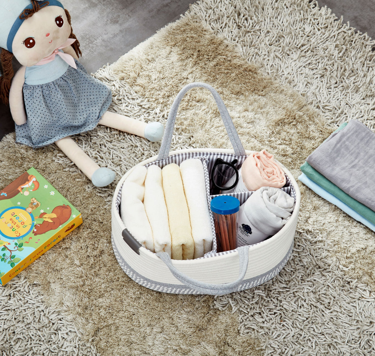 Cotton Diaper Caddy Organizer W/Removable Divider | Cotton Rope Diaper Storage Basket