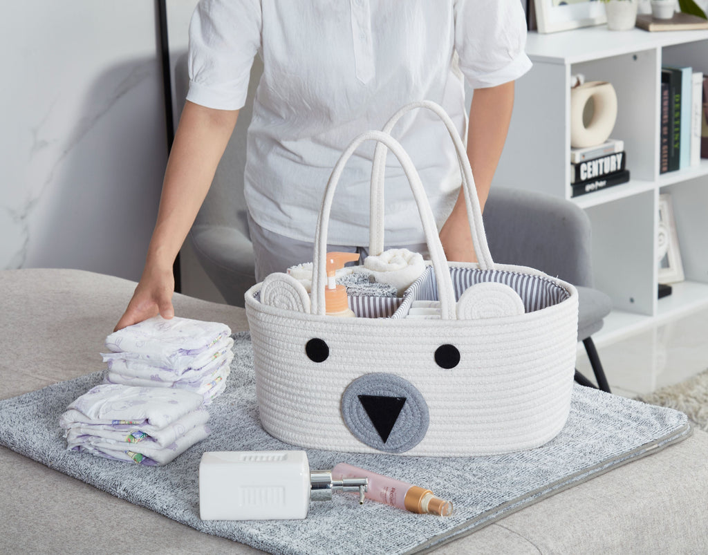 Cotton Diaper Caddy Organizer W/Removable Divider | Cotton Rope Diaper Storage Basket