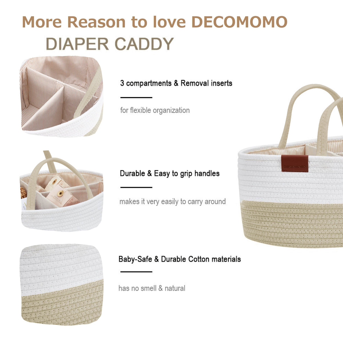 Cotton Diaper Caddy Organizer W/Removable Divider | Cotton Rope Diaper Storage Basket