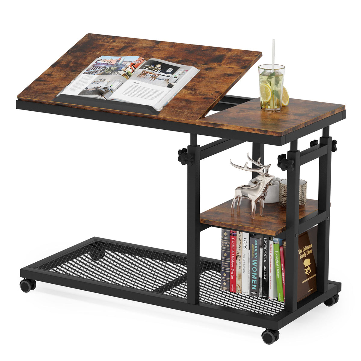 Height Adjustable C Side Table with Rolling Wheels