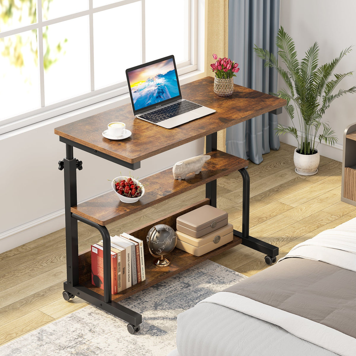 Height Adjustable Side Table with Shelves