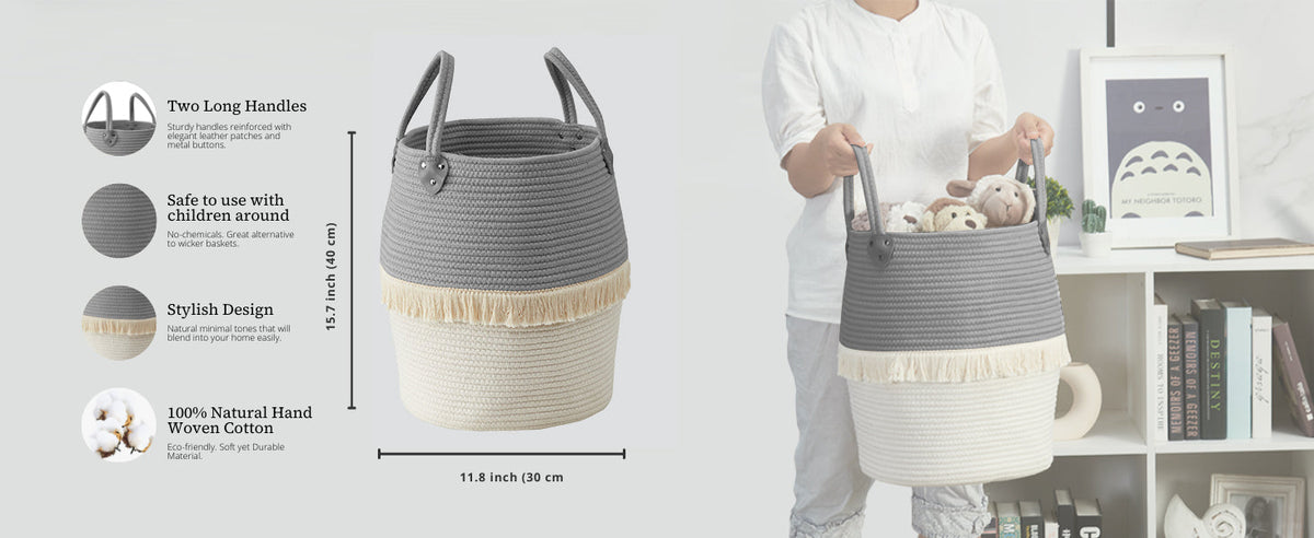Large Decorative Basket | Baby Laundry Hamper | Woven Basket w/Handles