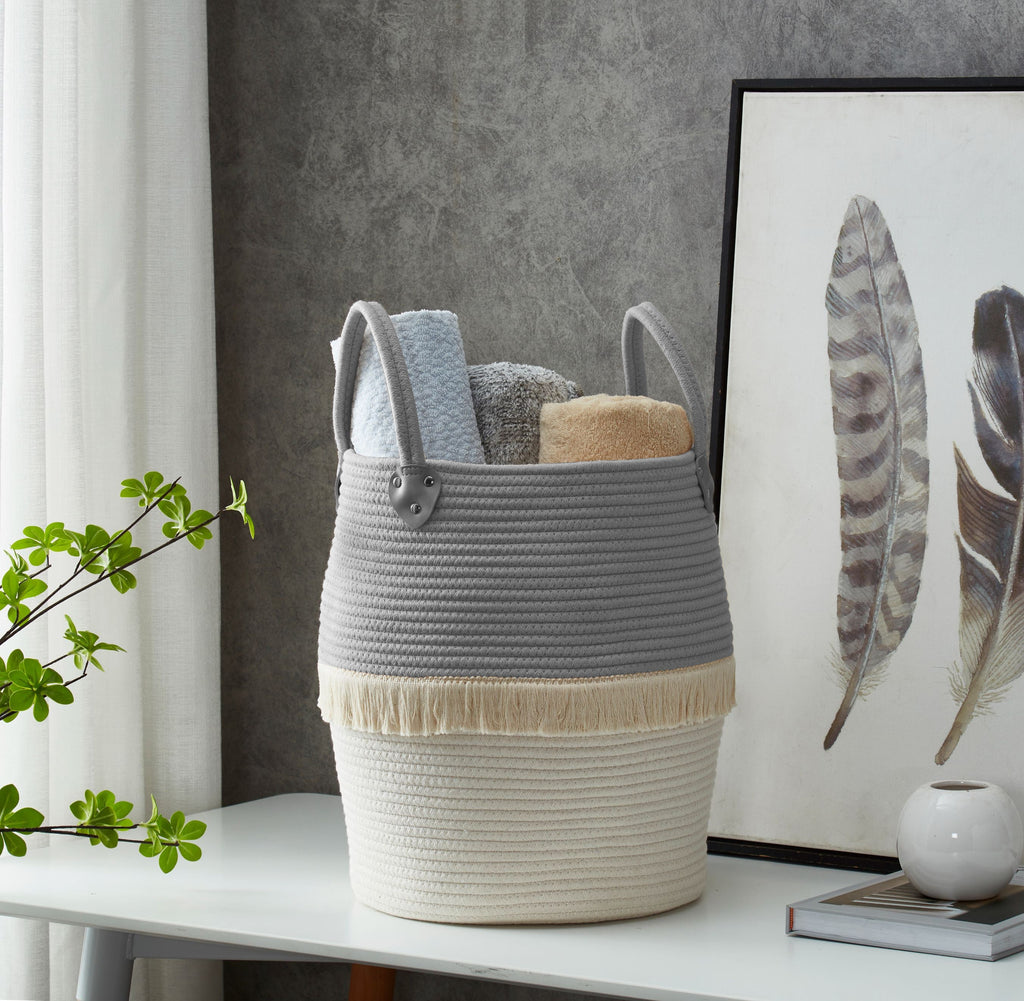 Large Decorative Basket | Baby Laundry Hamper | Woven Basket w/Handles