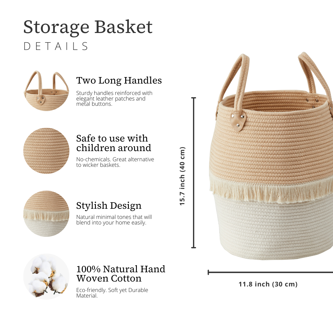 Large Decorative Basket | Baby Laundry Hamper | Woven Basket w/Handles